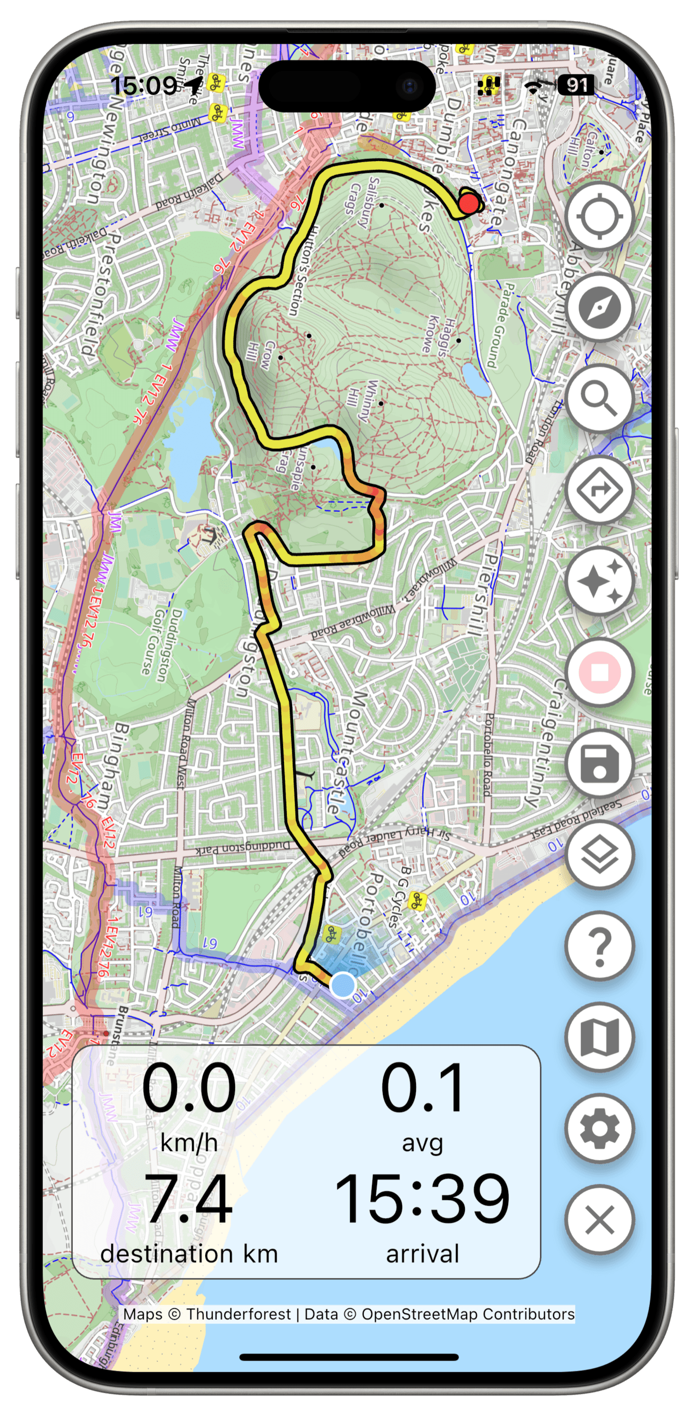 iPhone Screenshot showing a map of a lake surrounded by cycle tracks and woodland